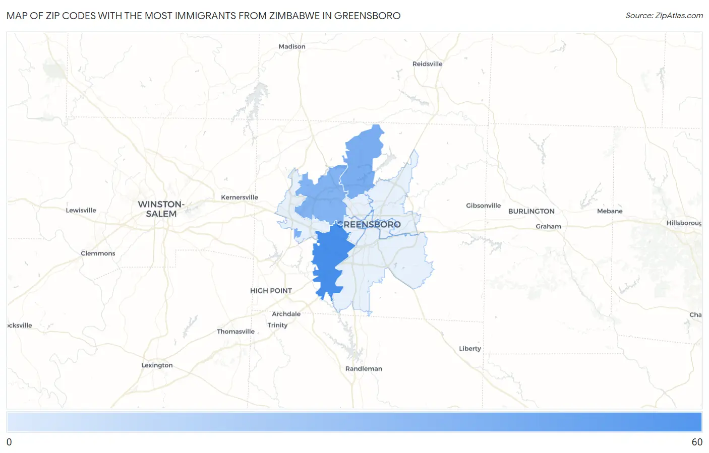 Zip Codes with the Most Immigrants from Zimbabwe in Greensboro Map