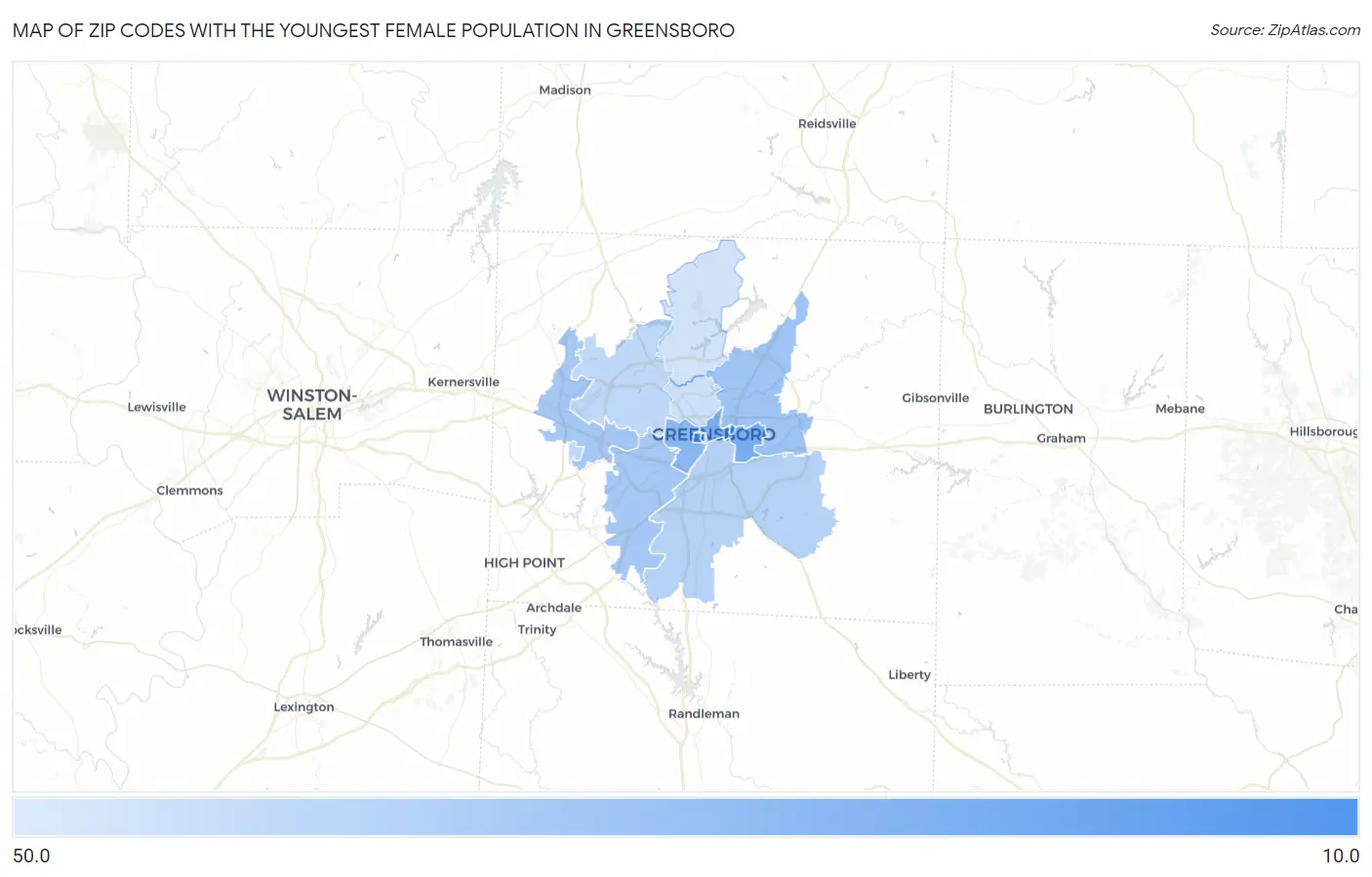 Zip Codes with the Youngest Female Population in Greensboro Map