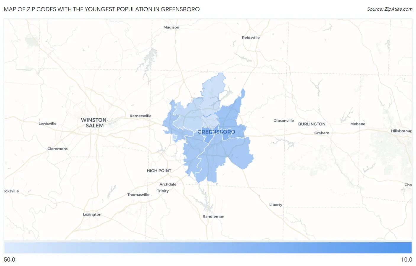 Zip Codes with the Youngest Population in Greensboro Map