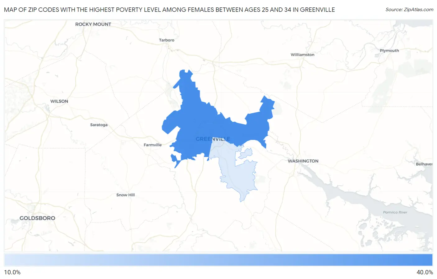 Zip Codes with the Highest Poverty Level Among Females Between Ages 25 and 34 in Greenville Map