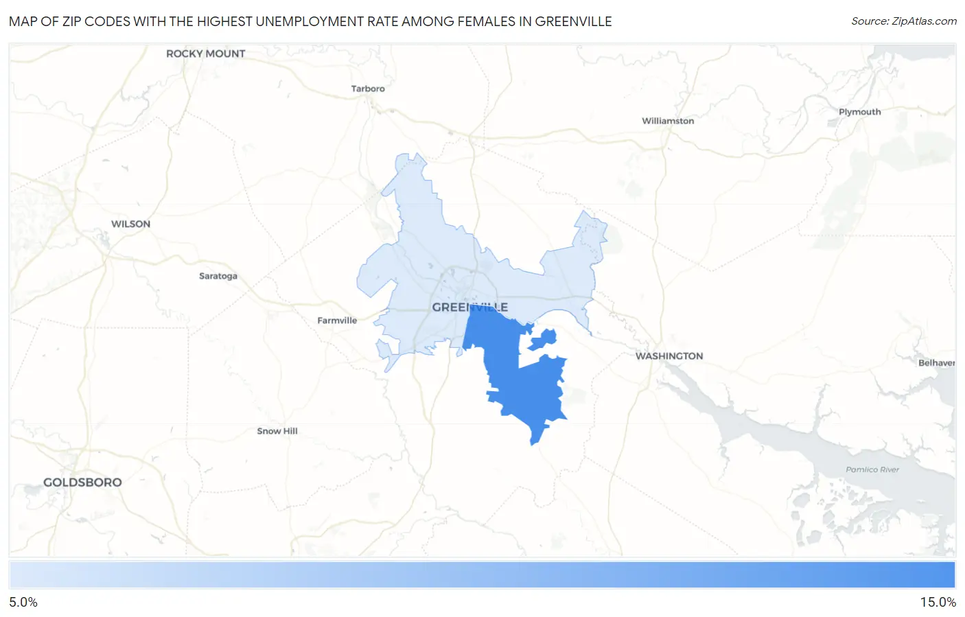 Zip Codes with the Highest Unemployment Rate Among Females in Greenville Map