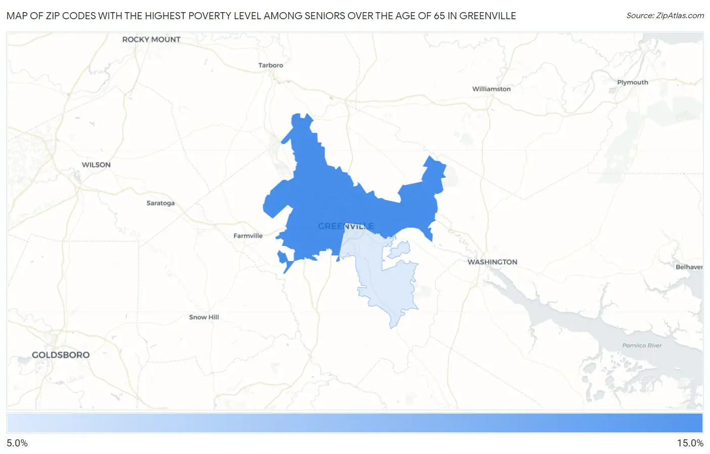 Zip Codes with the Highest Poverty Level Among Seniors Over the Age of 65 in Greenville Map