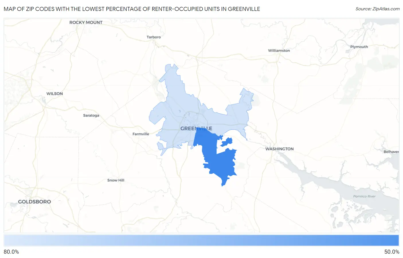 Zip Codes with the Lowest Percentage of Renter-Occupied Units in Greenville Map