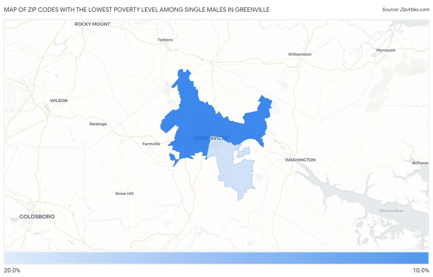 Zip Codes with the Lowest Poverty Level Among Single Males in Greenville Map