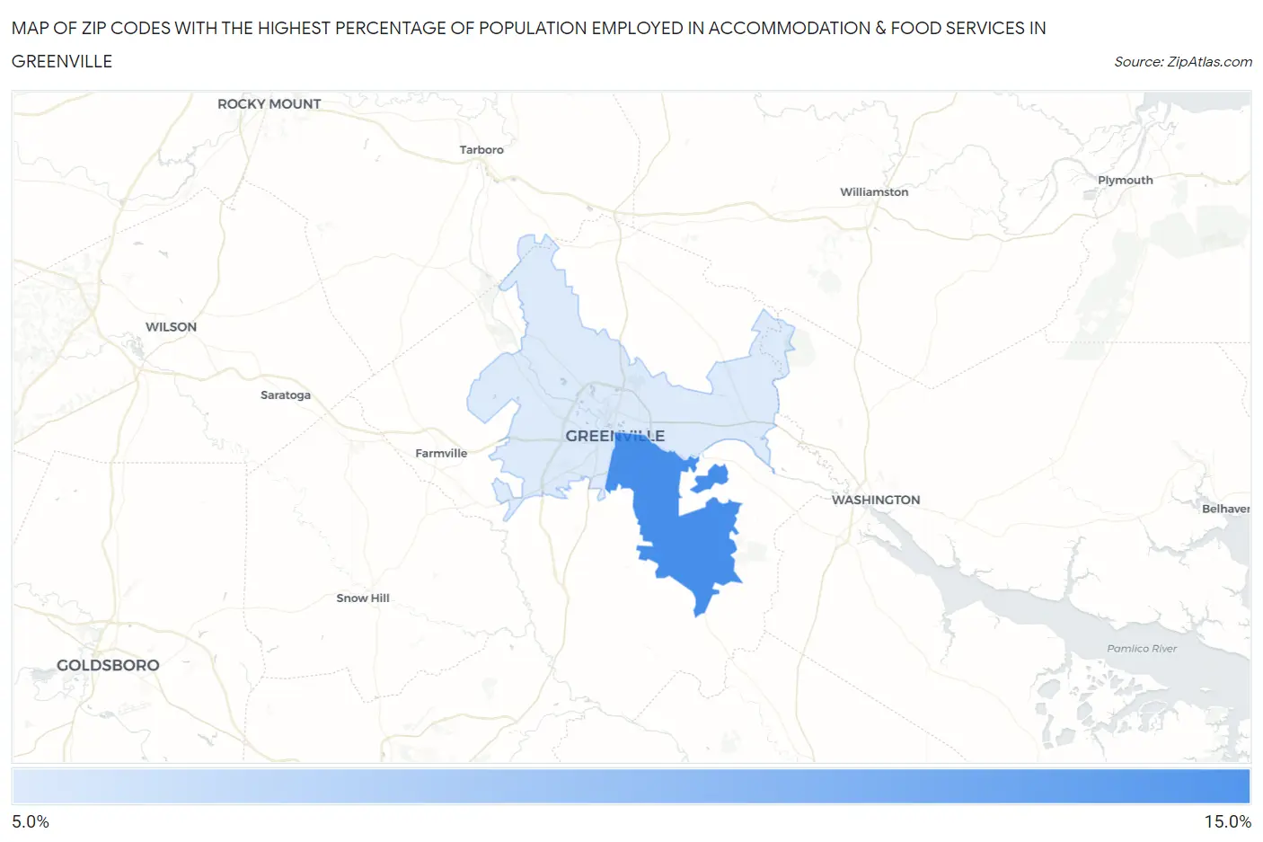 Zip Codes with the Highest Percentage of Population Employed in Accommodation & Food Services in Greenville Map