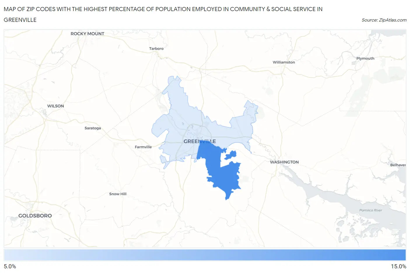 Zip Codes with the Highest Percentage of Population Employed in Community & Social Service  in Greenville Map