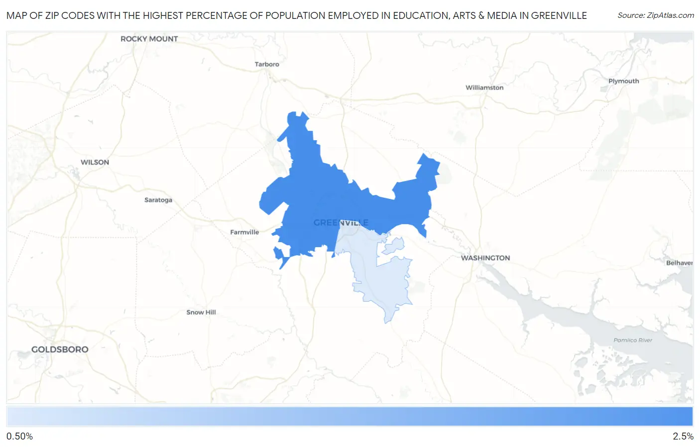 Zip Codes with the Highest Percentage of Population Employed in Education, Arts & Media in Greenville Map