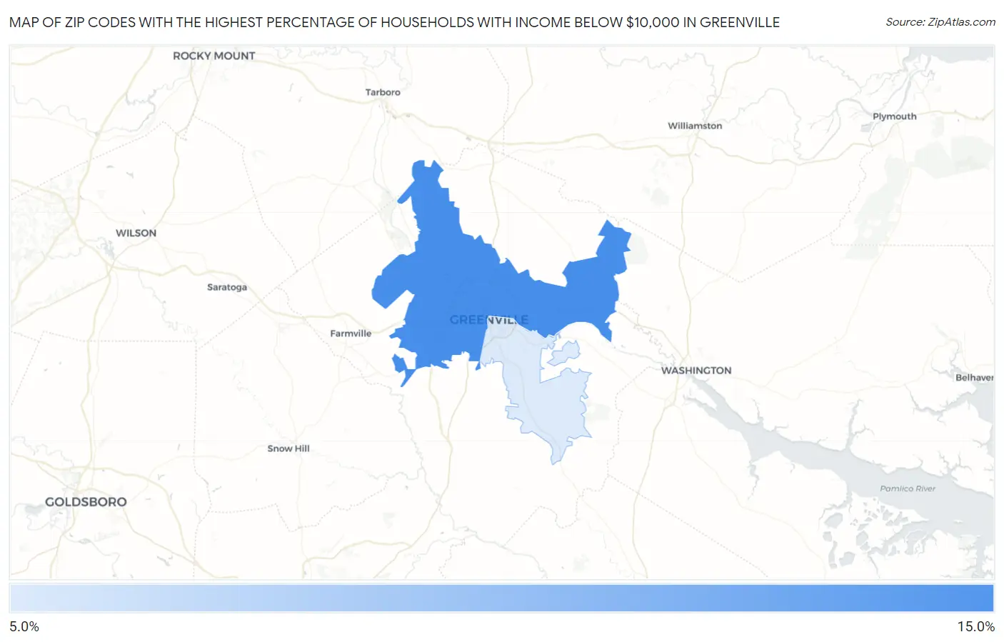 Zip Codes with the Highest Percentage of Households with Income Below $10,000 in Greenville Map