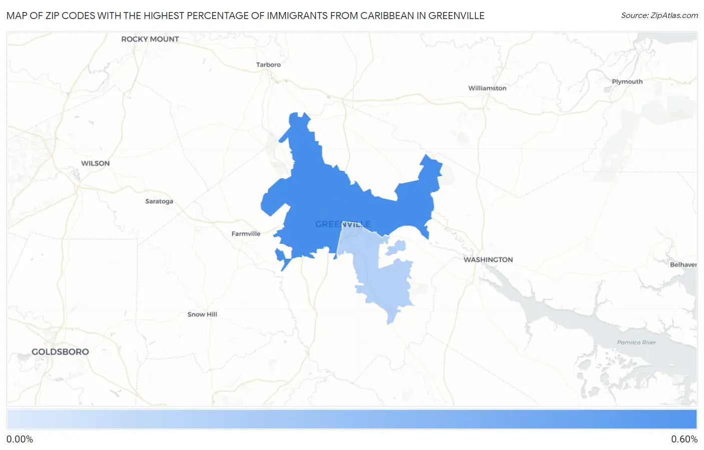 Zip Codes with the Highest Percentage of Immigrants from Caribbean in Greenville Map