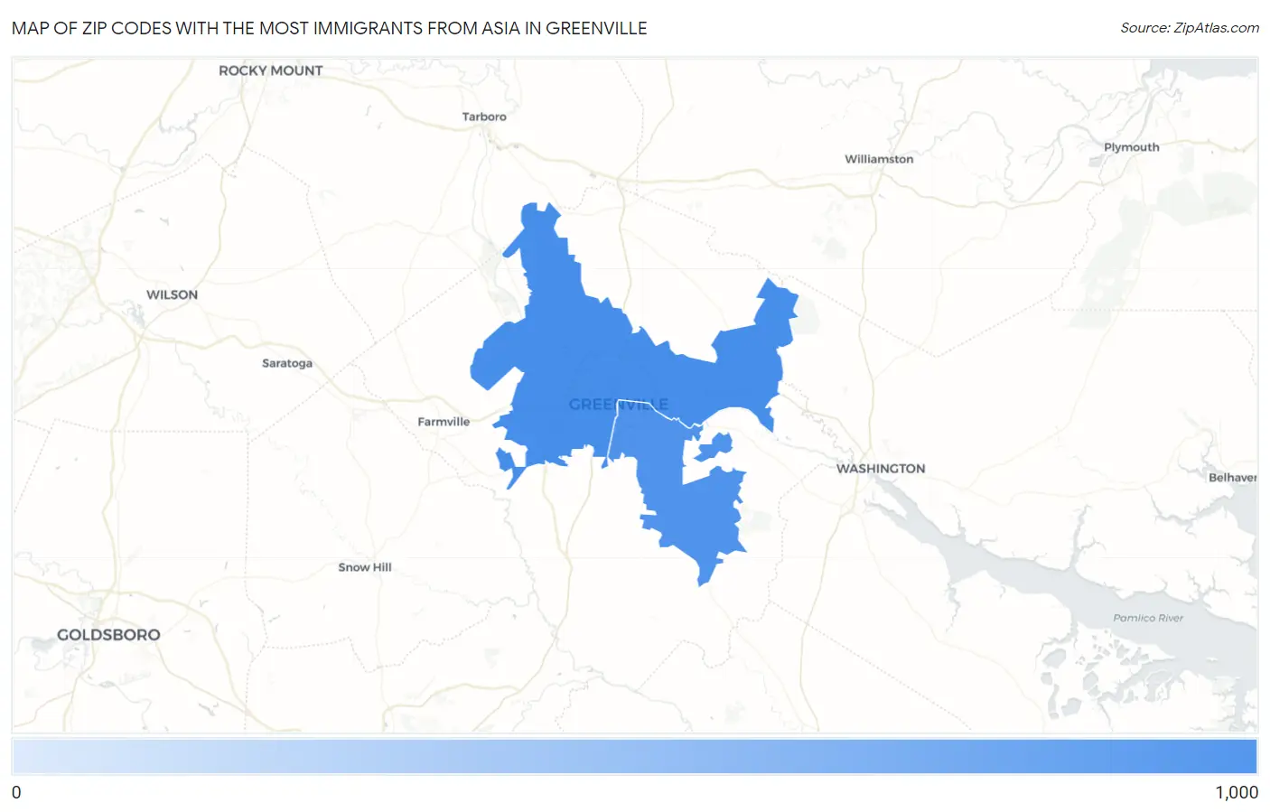 Zip Codes with the Most Immigrants from Asia in Greenville Map