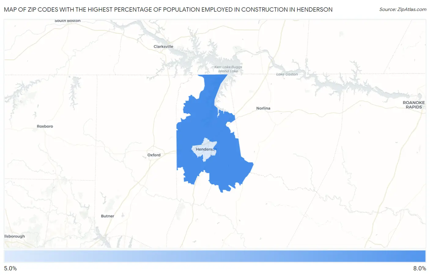 Zip Codes with the Highest Percentage of Population Employed in Construction in Henderson Map