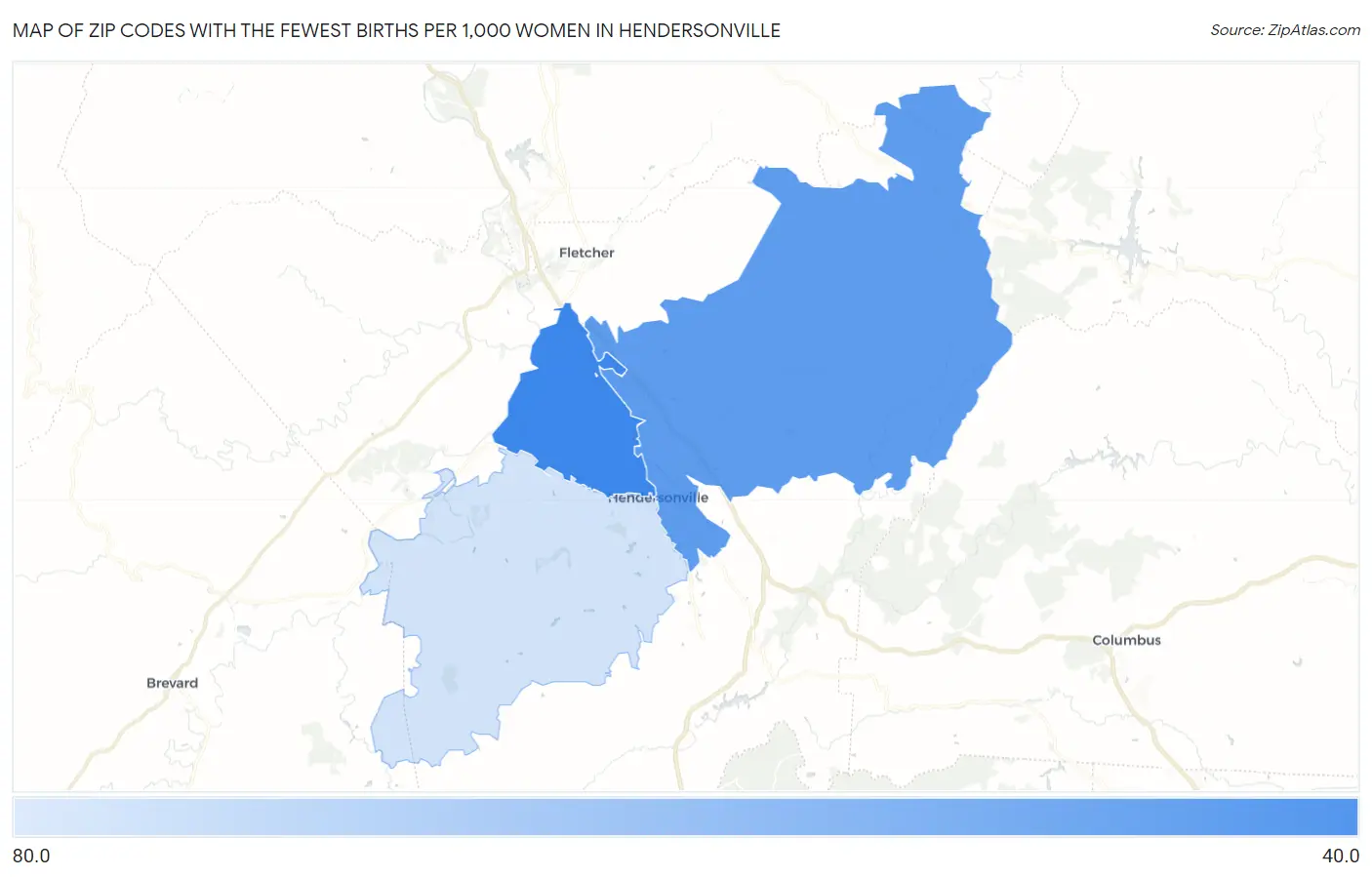 Zip Codes with the Fewest Births per 1,000 Women in Hendersonville Map