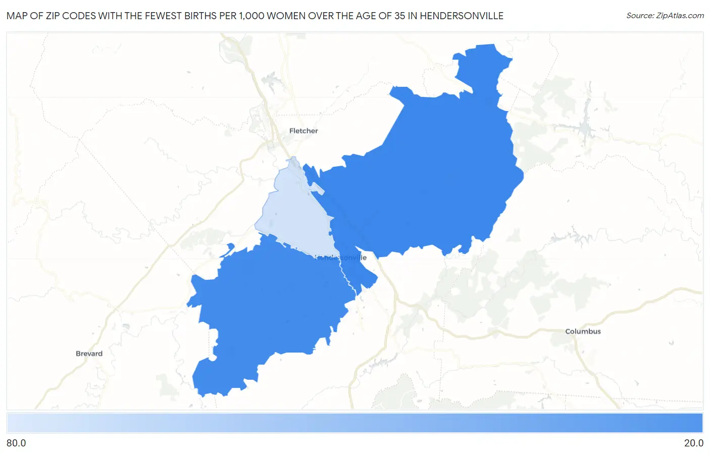 Zip Codes with the Fewest Births per 1,000 Women Over the Age of 35 in Hendersonville Map