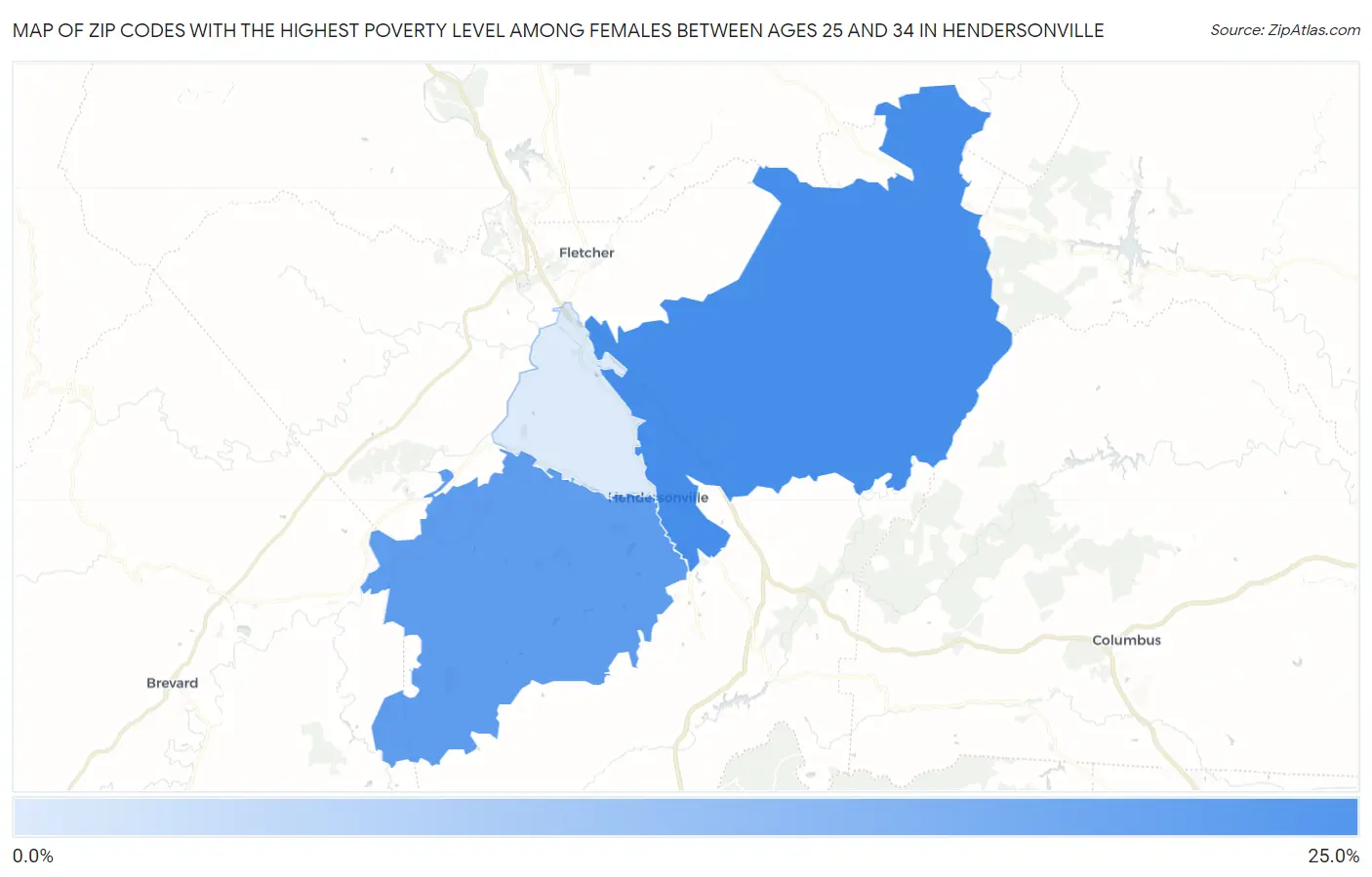 Zip Codes with the Highest Poverty Level Among Females Between Ages 25 and 34 in Hendersonville Map