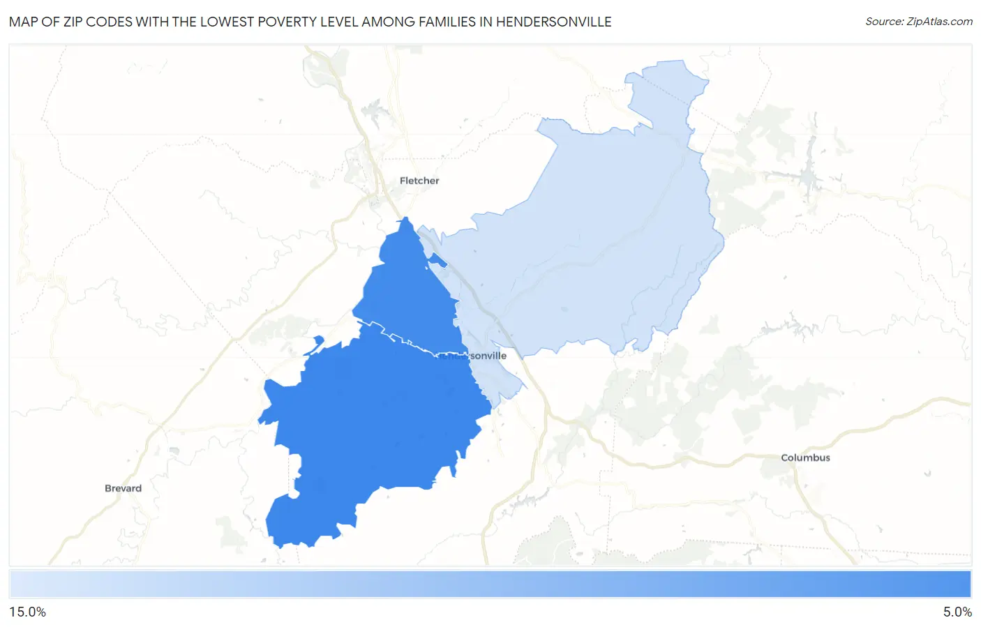 Zip Codes with the Lowest Poverty Level Among Families in Hendersonville Map
