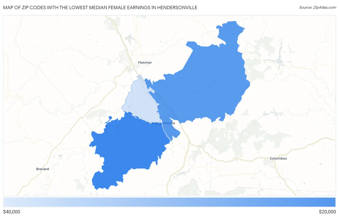Zip Codes with the Lowest Median Female Earnings in Hendersonville Map