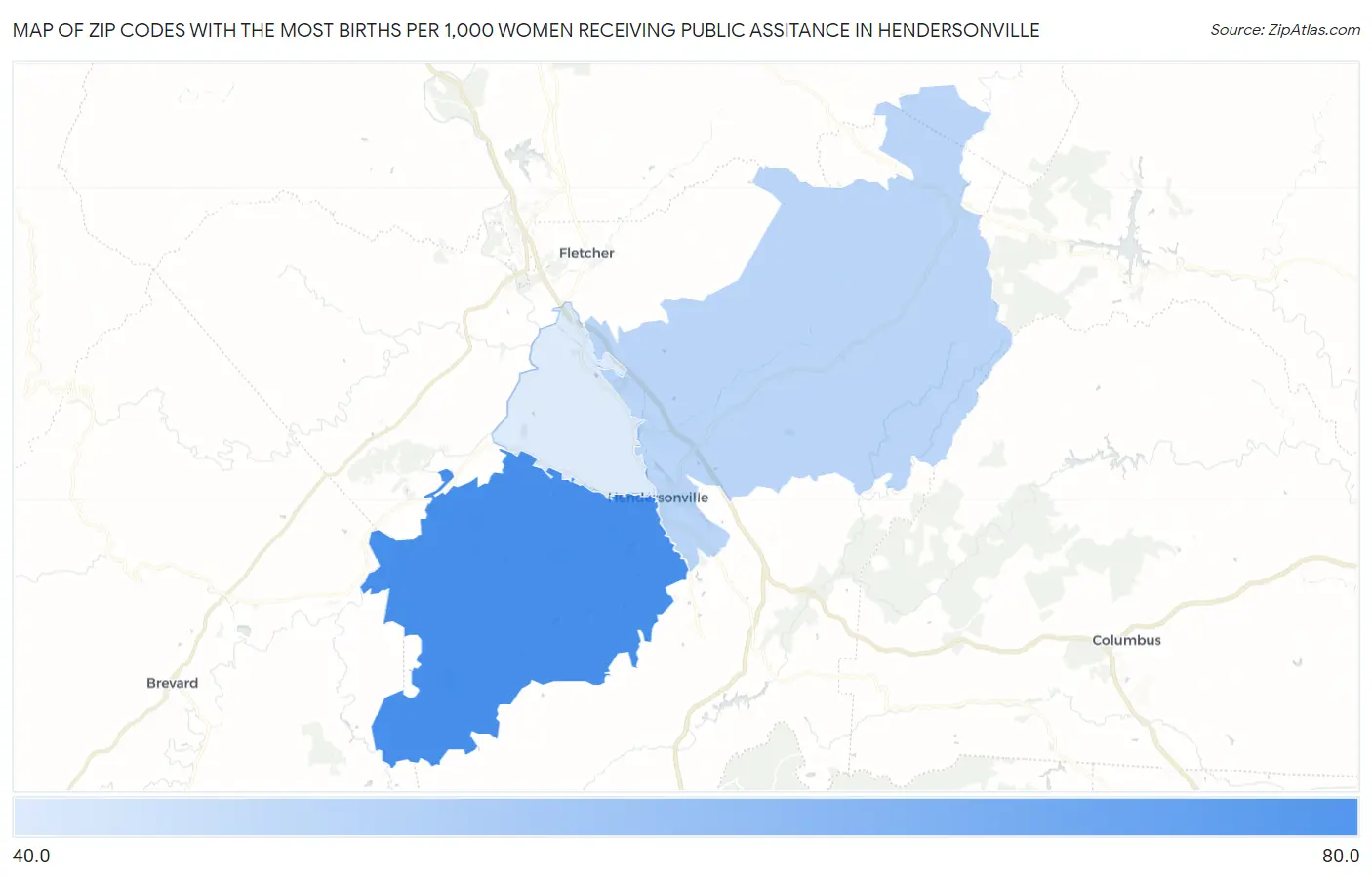 Zip Codes with the Most Births per 1,000 Women Receiving Public Assitance in Hendersonville Map
