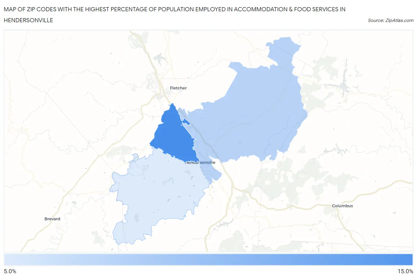 Zip Codes with the Highest Percentage of Population Employed in Accommodation & Food Services in Hendersonville Map