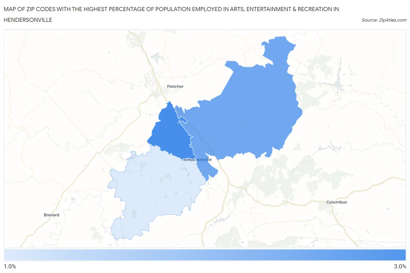 Zip Codes with the Highest Percentage of Population Employed in Arts, Entertainment & Recreation in Hendersonville Map