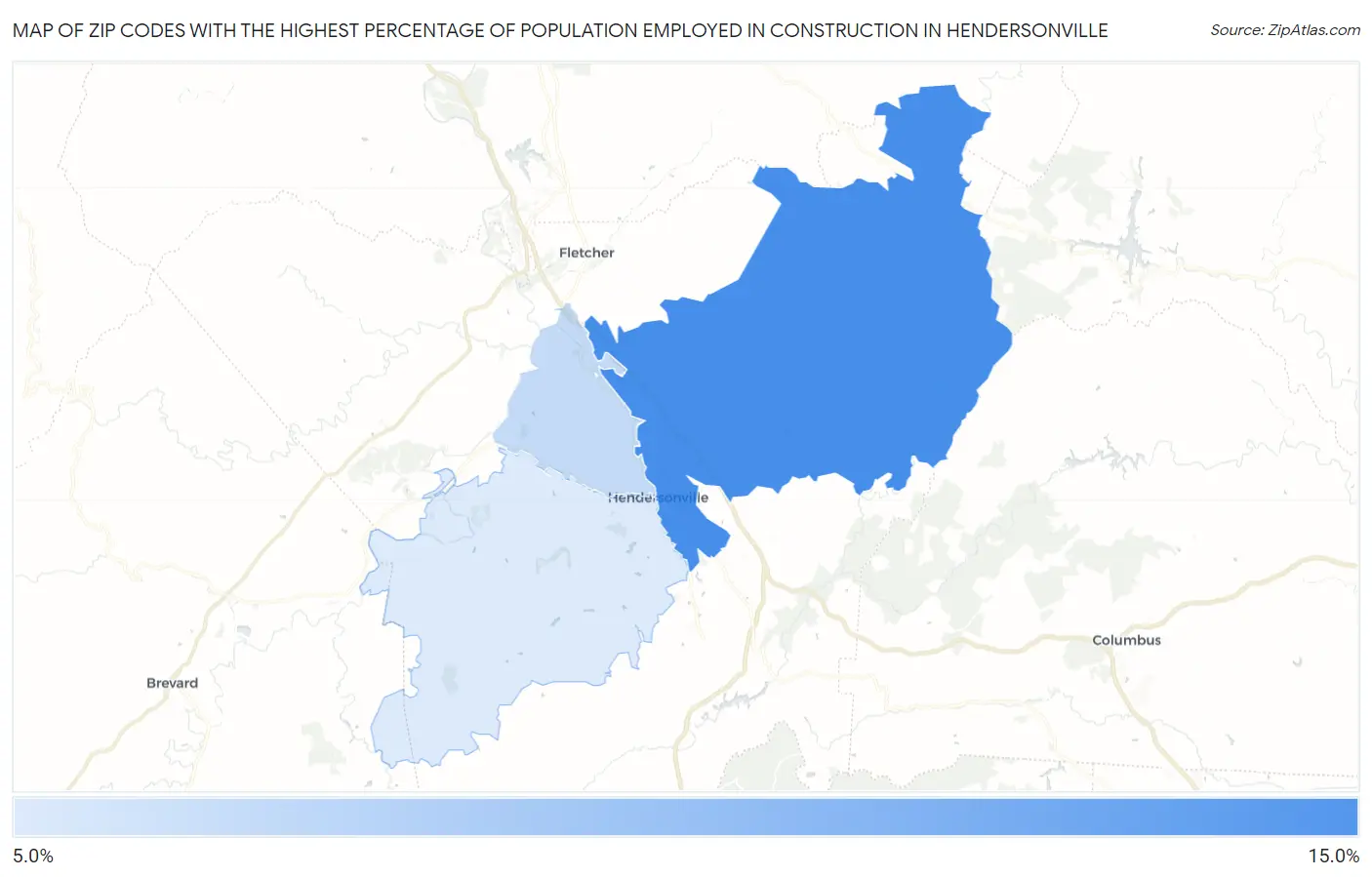 Zip Codes with the Highest Percentage of Population Employed in Construction in Hendersonville Map