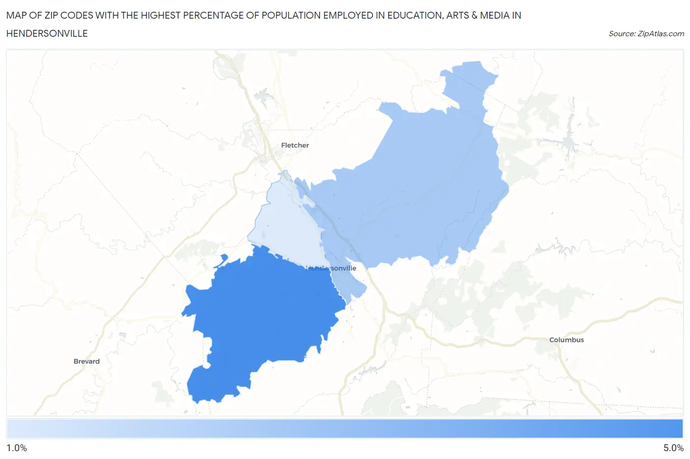 Zip Codes with the Highest Percentage of Population Employed in Education, Arts & Media in Hendersonville Map