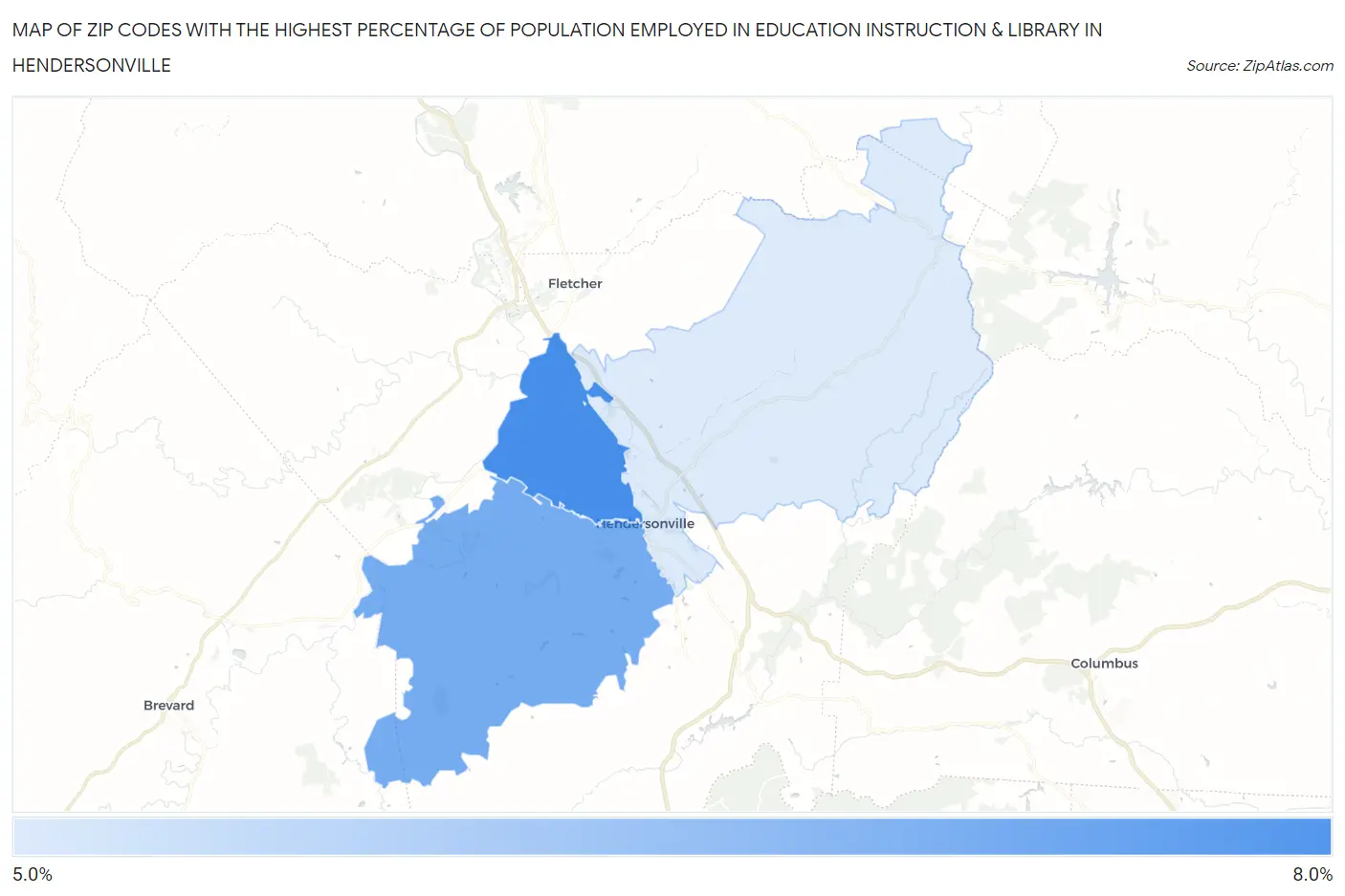 Zip Codes with the Highest Percentage of Population Employed in Education Instruction & Library in Hendersonville Map