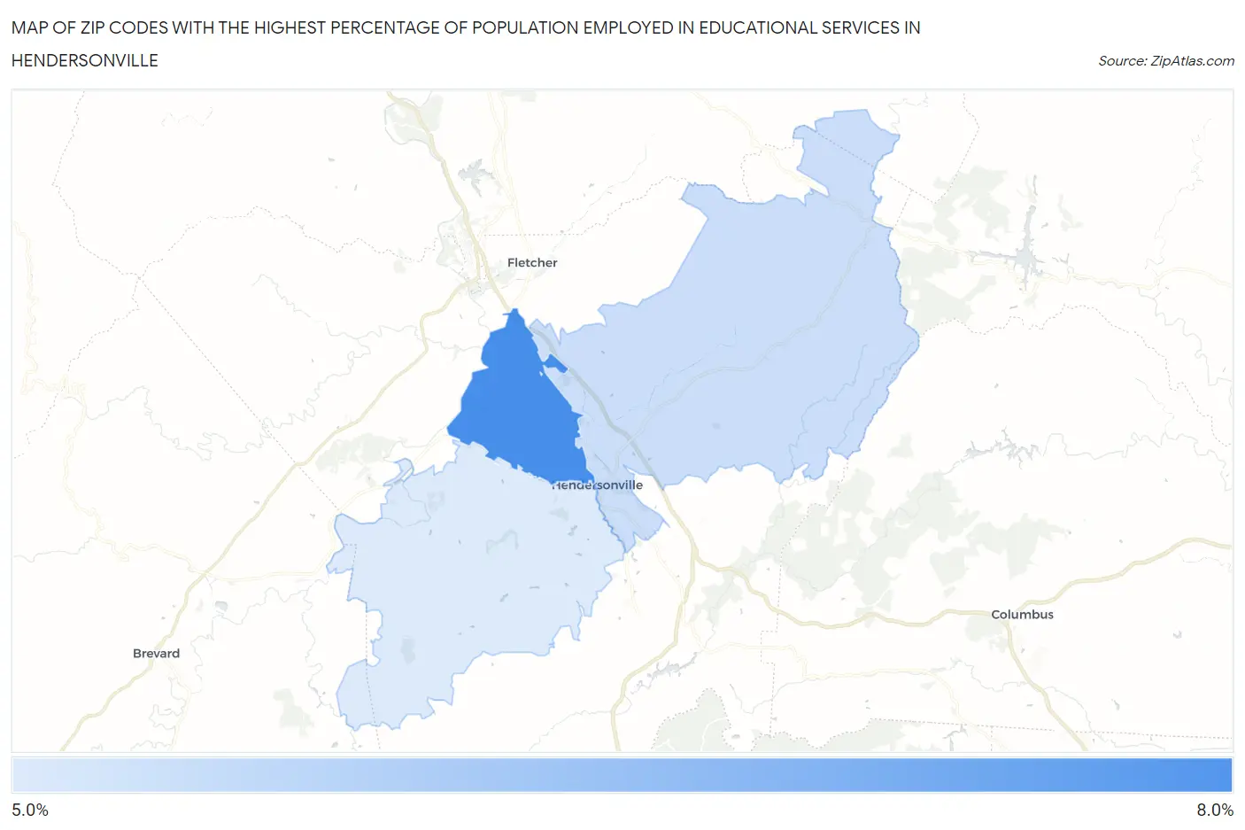 Zip Codes with the Highest Percentage of Population Employed in Educational Services in Hendersonville Map