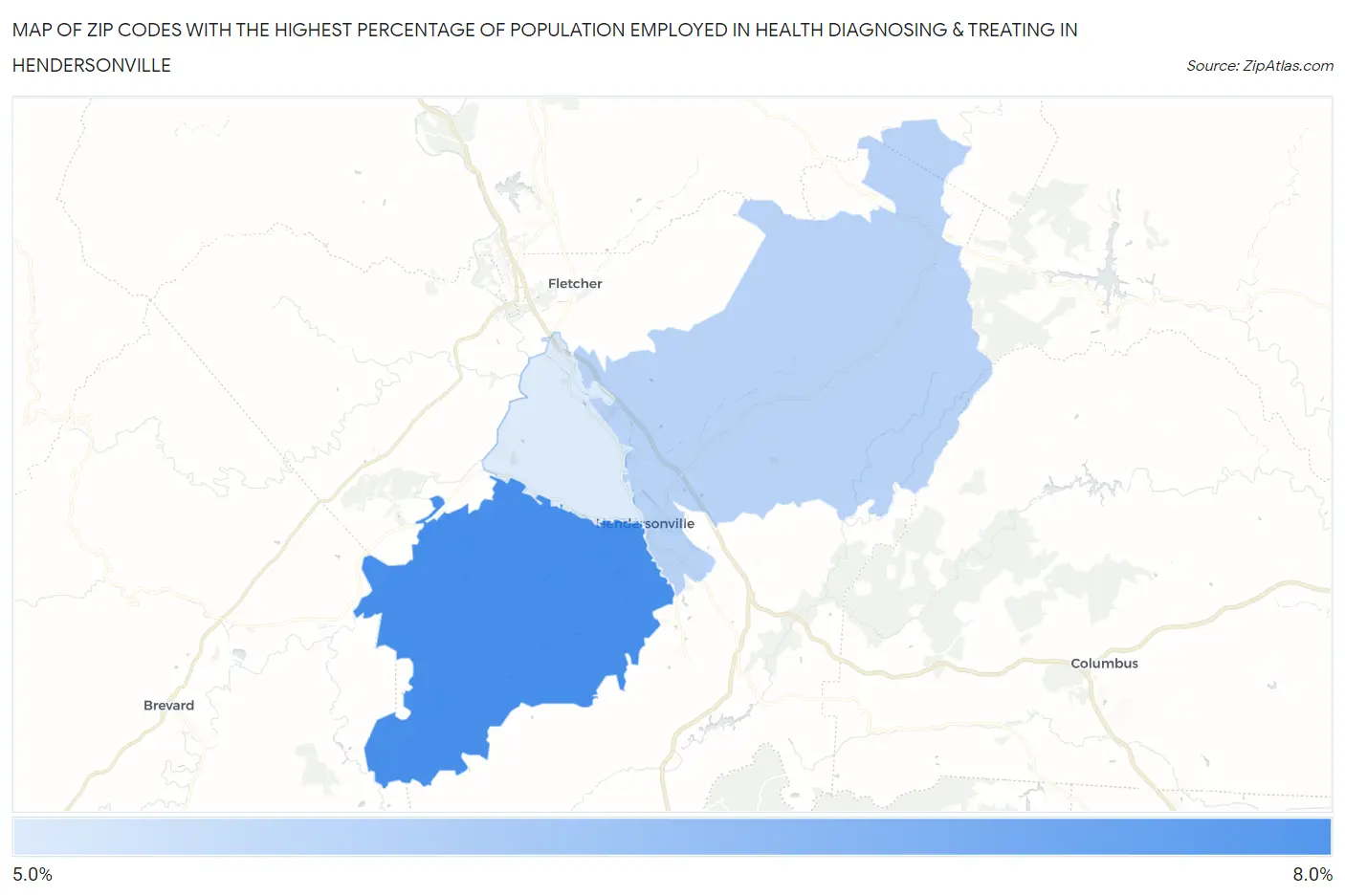 Zip Codes with the Highest Percentage of Population Employed in Health Diagnosing & Treating in Hendersonville Map