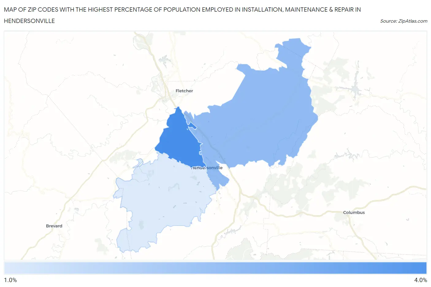 Zip Codes with the Highest Percentage of Population Employed in Installation, Maintenance & Repair in Hendersonville Map