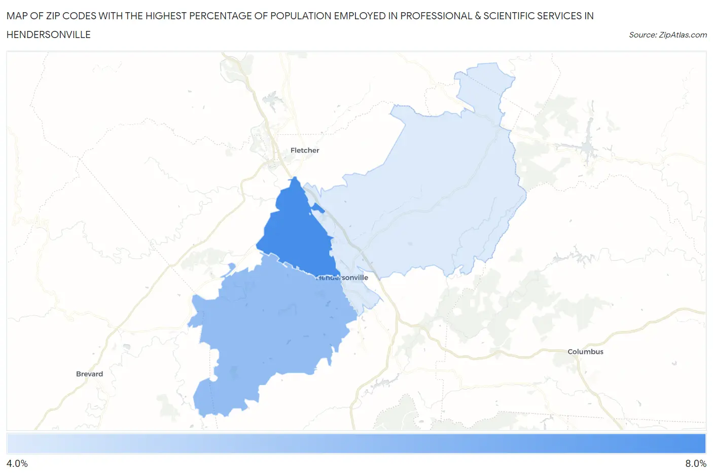 Zip Codes with the Highest Percentage of Population Employed in Professional & Scientific Services in Hendersonville Map