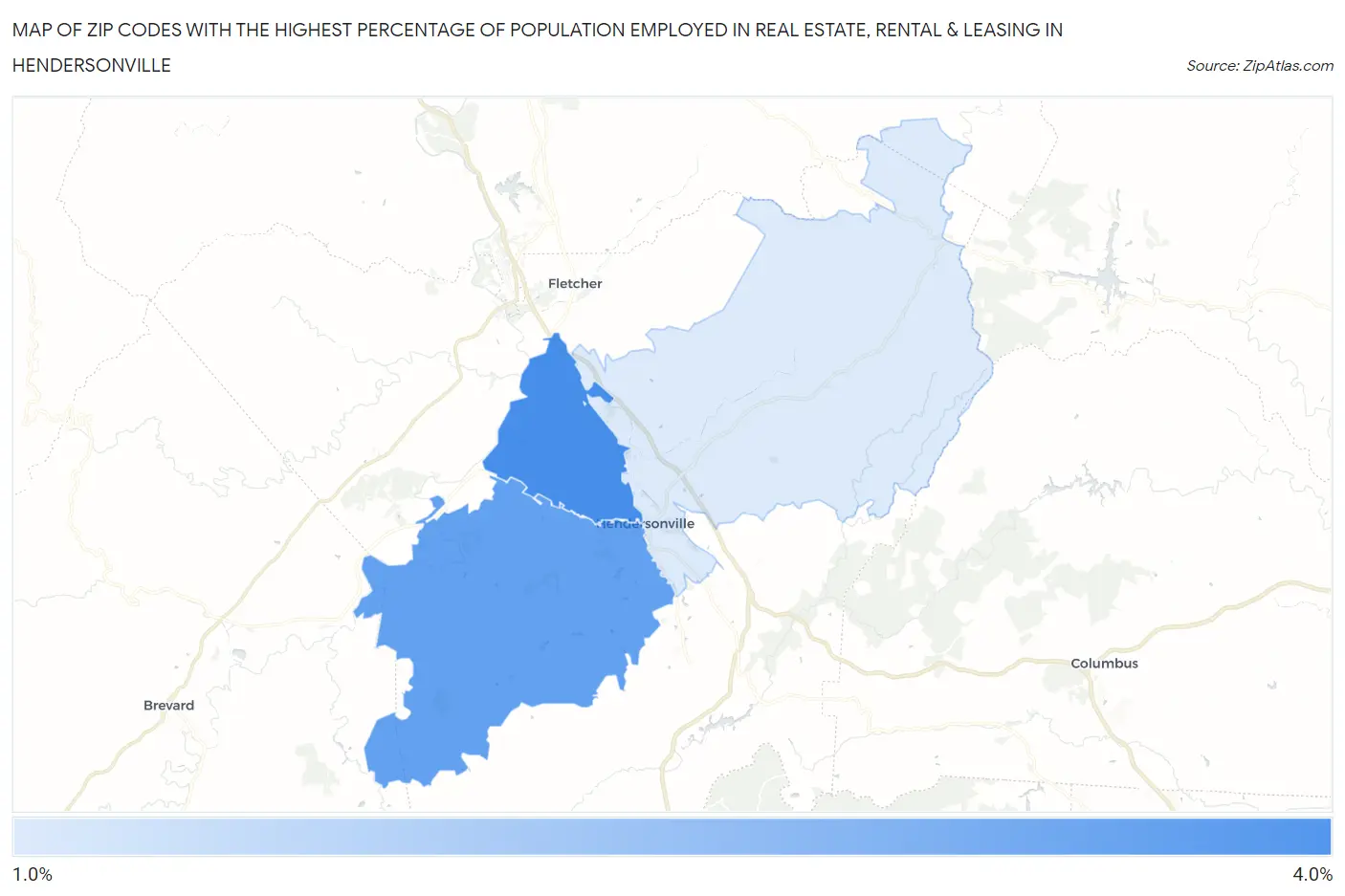 Zip Codes with the Highest Percentage of Population Employed in Real Estate, Rental & Leasing in Hendersonville Map