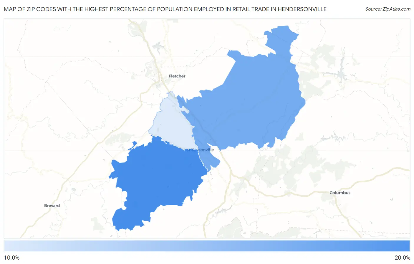 Zip Codes with the Highest Percentage of Population Employed in Retail Trade in Hendersonville Map