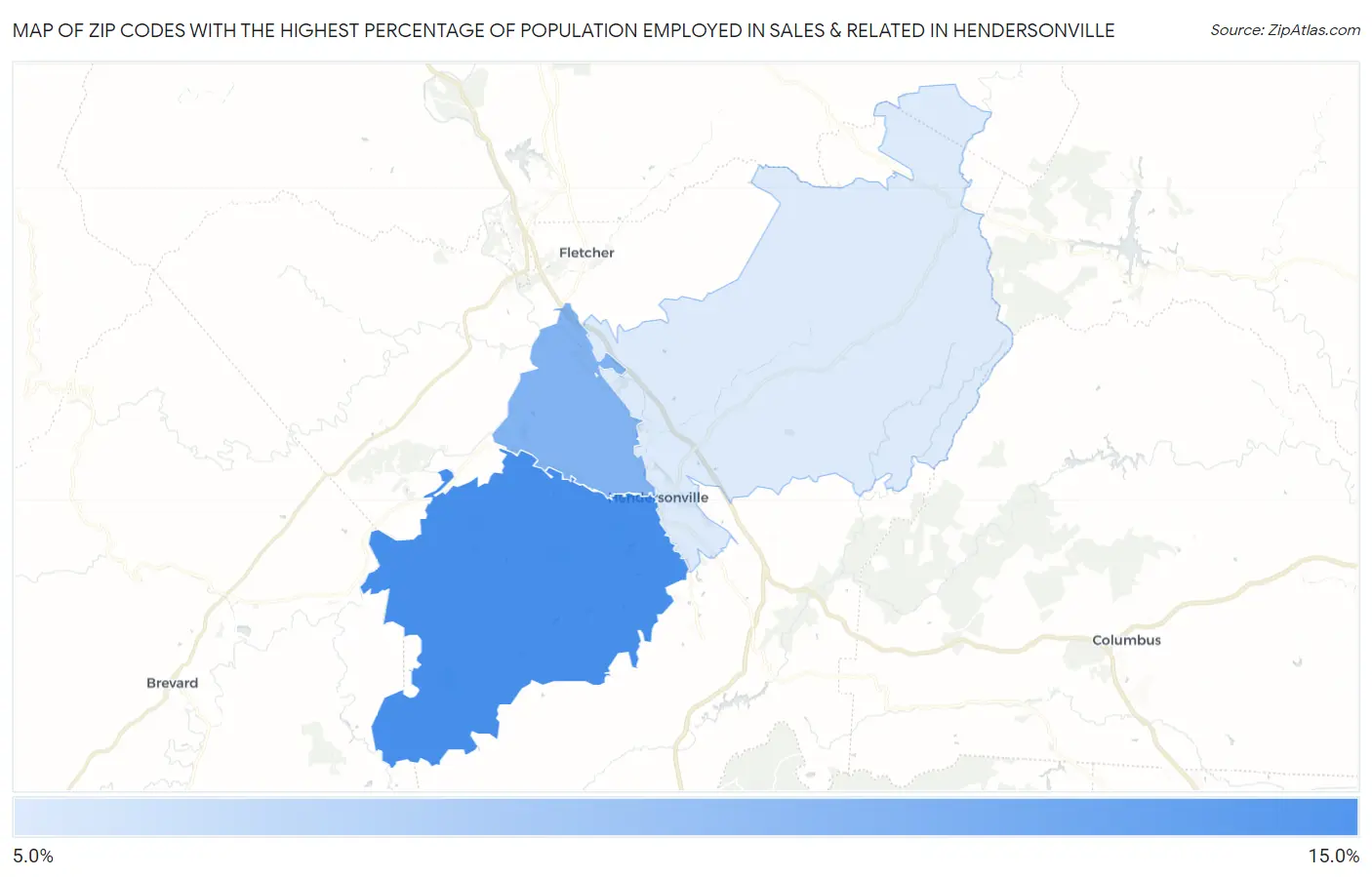Zip Codes with the Highest Percentage of Population Employed in Sales & Related in Hendersonville Map