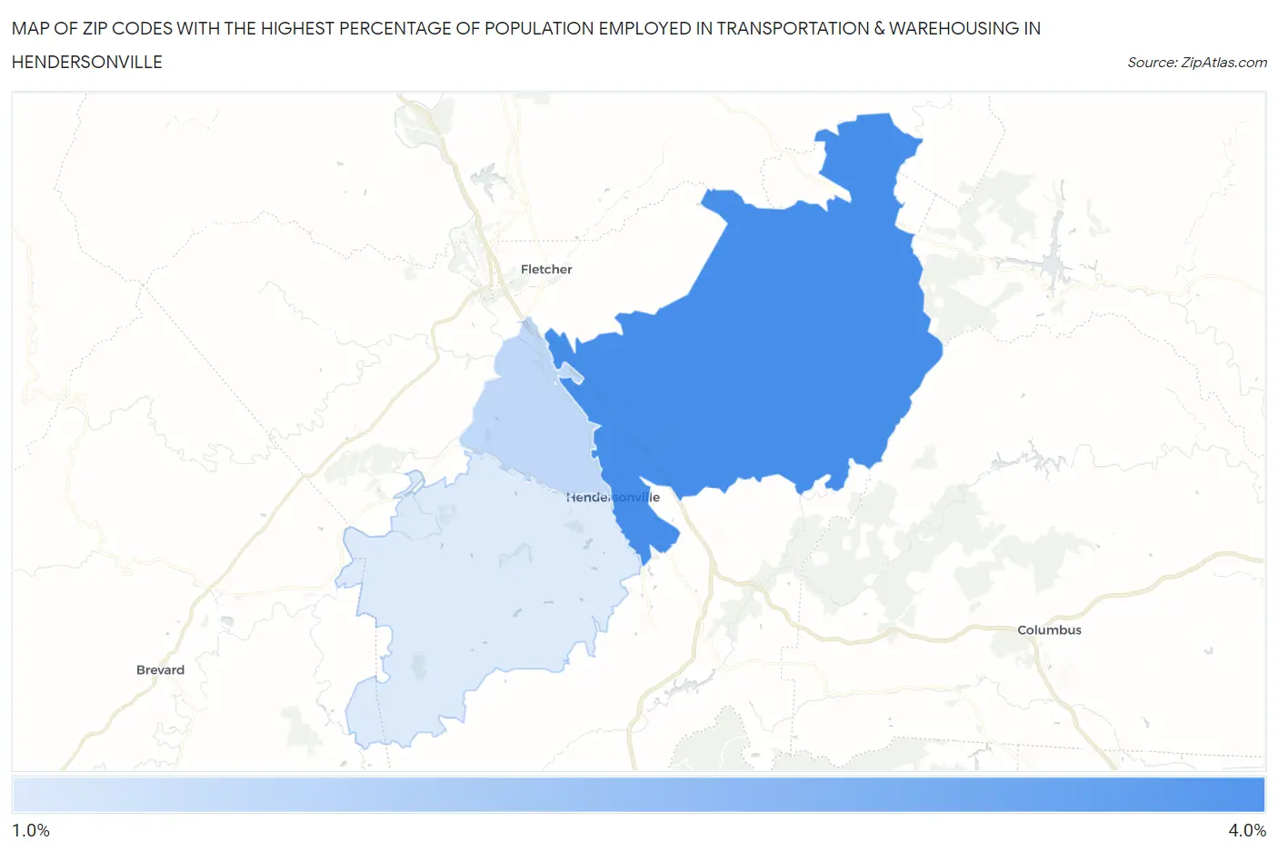 Zip Codes with the Highest Percentage of Population Employed in Transportation & Warehousing in Hendersonville Map