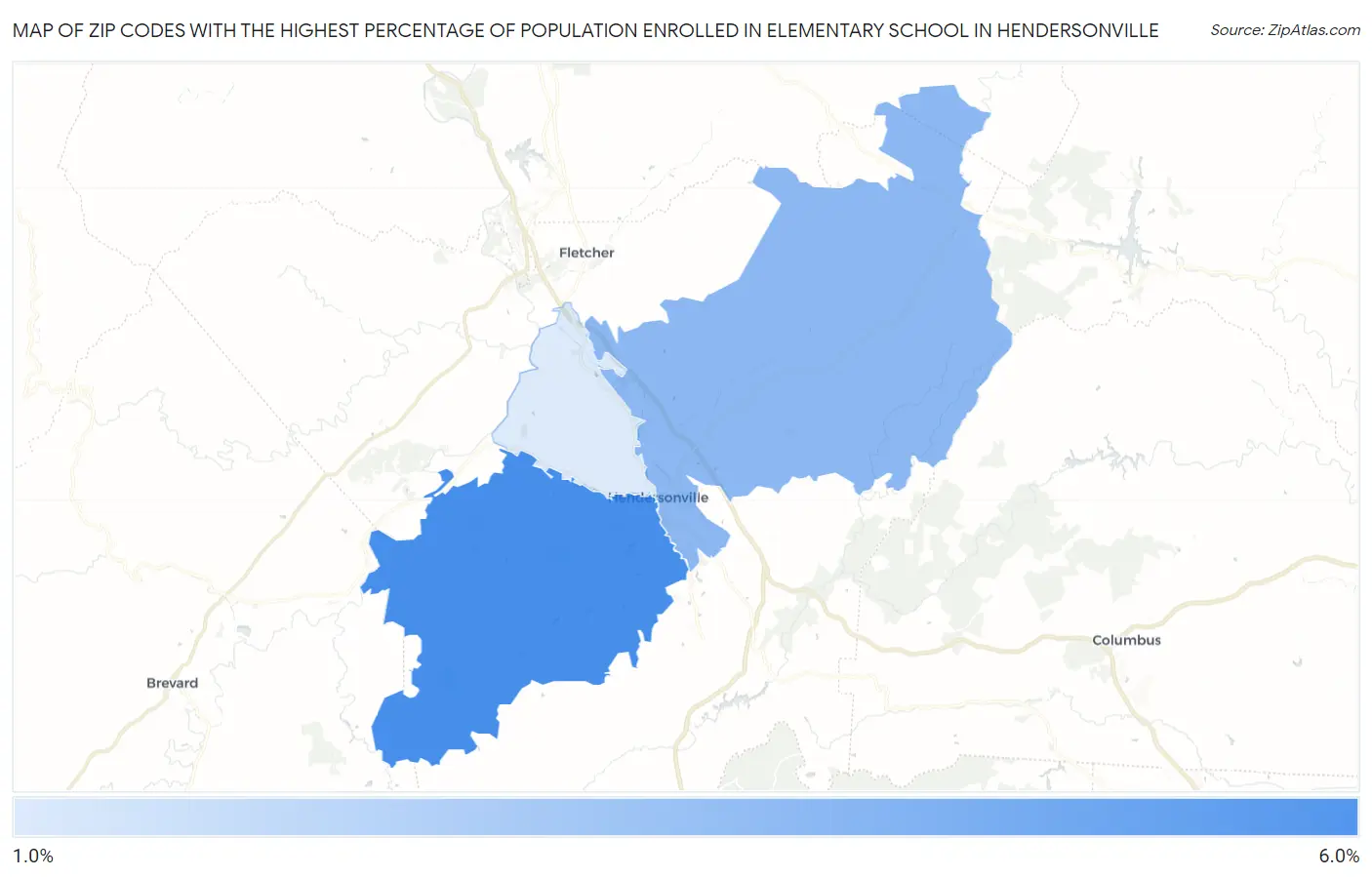 Zip Codes with the Highest Percentage of Population Enrolled in Elementary School in Hendersonville Map