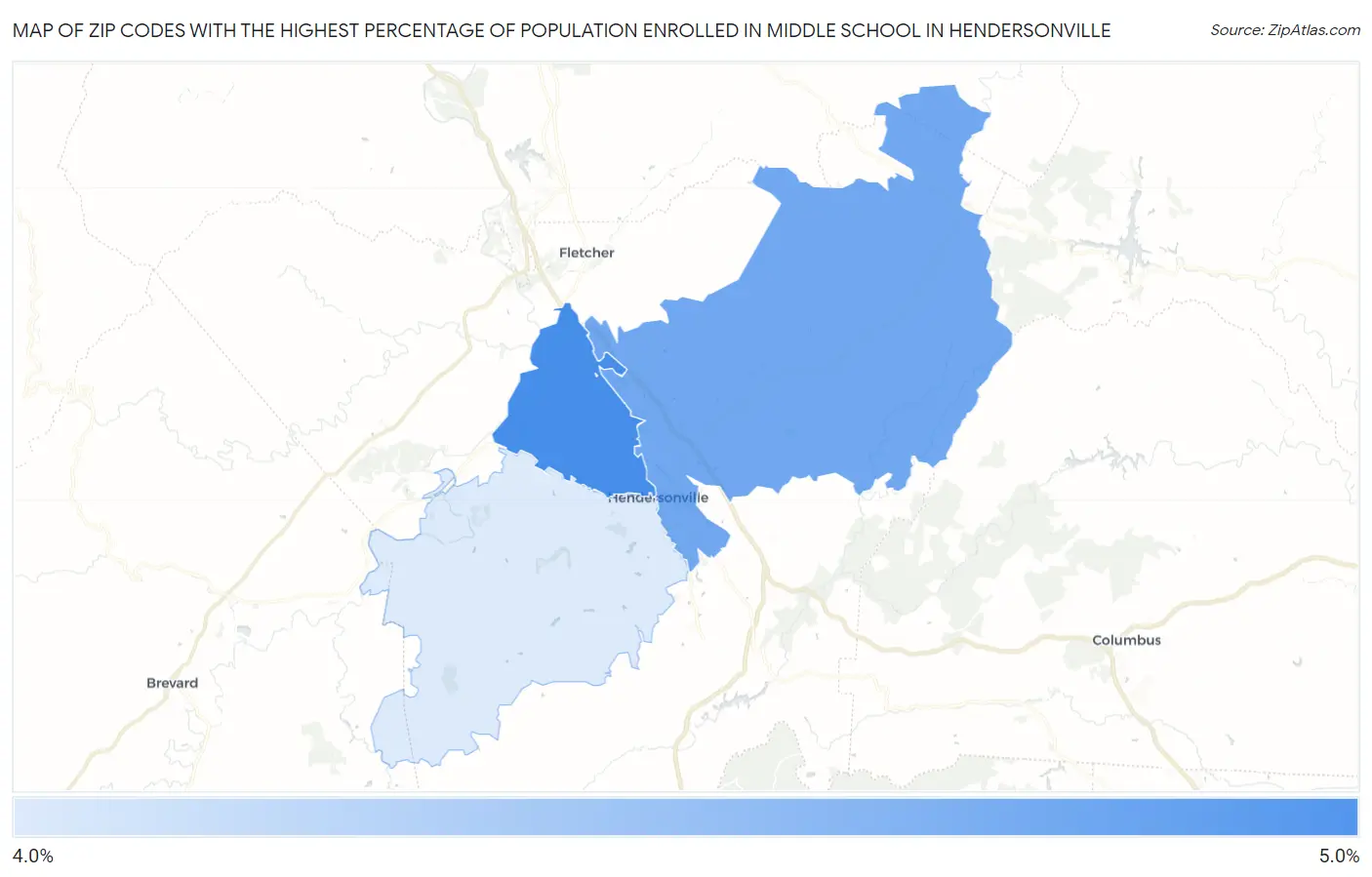 Zip Codes with the Highest Percentage of Population Enrolled in Middle School in Hendersonville Map