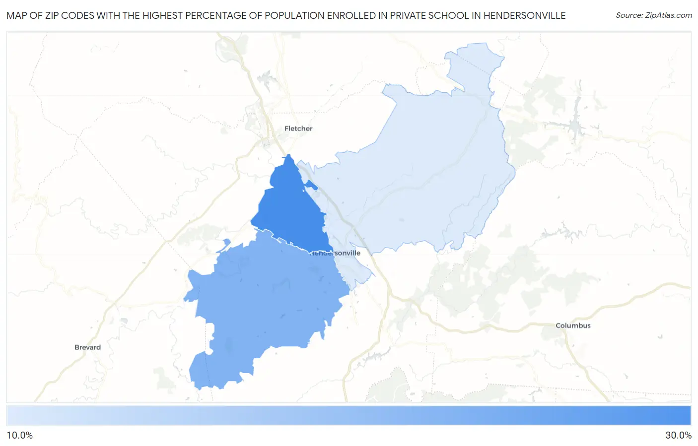 Zip Codes with the Highest Percentage of Population Enrolled in Private School in Hendersonville Map