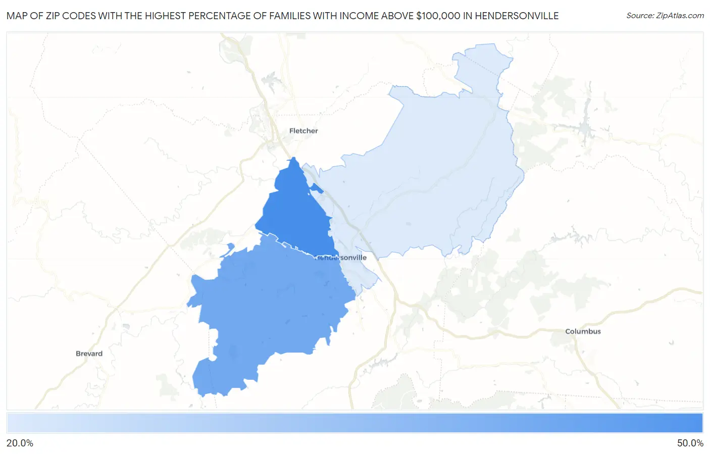 Zip Codes with the Highest Percentage of Families with Income Above $100,000 in Hendersonville Map