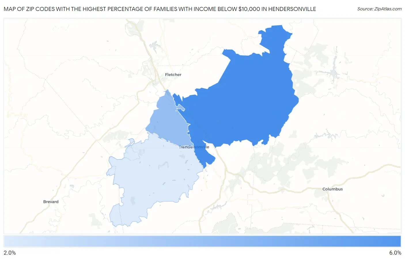 Zip Codes with the Highest Percentage of Families with Income Below $10,000 in Hendersonville Map