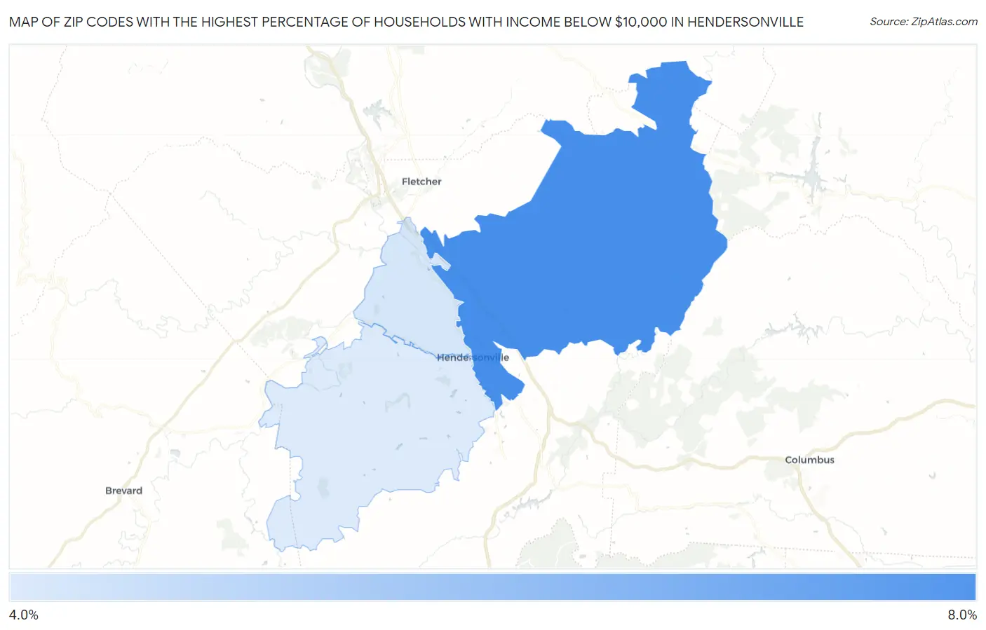 Zip Codes with the Highest Percentage of Households with Income Below $10,000 in Hendersonville Map