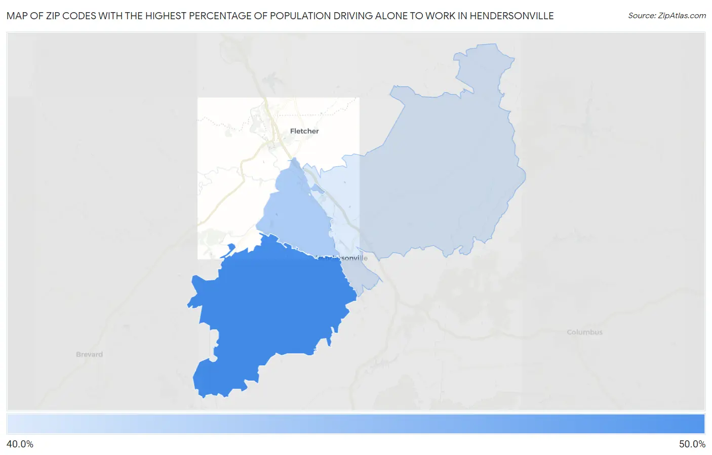 Zip Codes with the Highest Percentage of Population Driving Alone to Work in Hendersonville Map