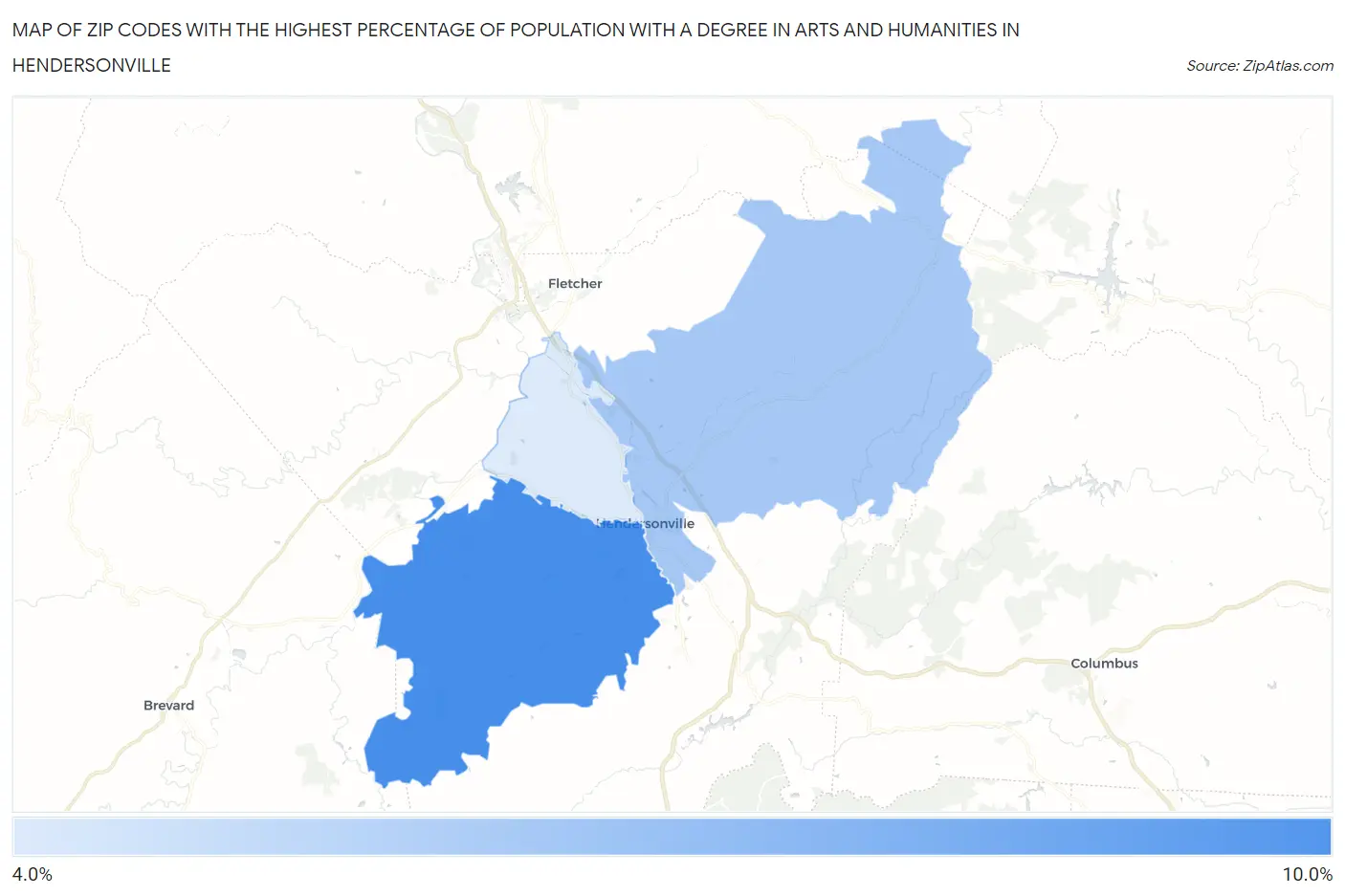 Zip Codes with the Highest Percentage of Population with a Degree in Arts and Humanities in Hendersonville Map