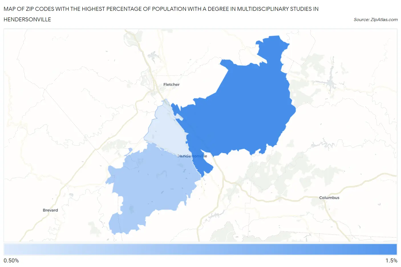 Zip Codes with the Highest Percentage of Population with a Degree in Multidisciplinary Studies in Hendersonville Map
