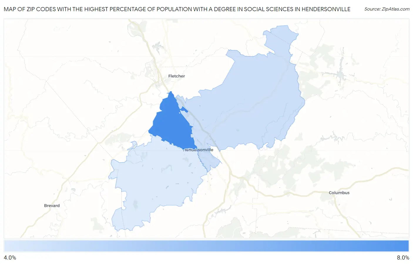 Zip Codes with the Highest Percentage of Population with a Degree in Social Sciences in Hendersonville Map