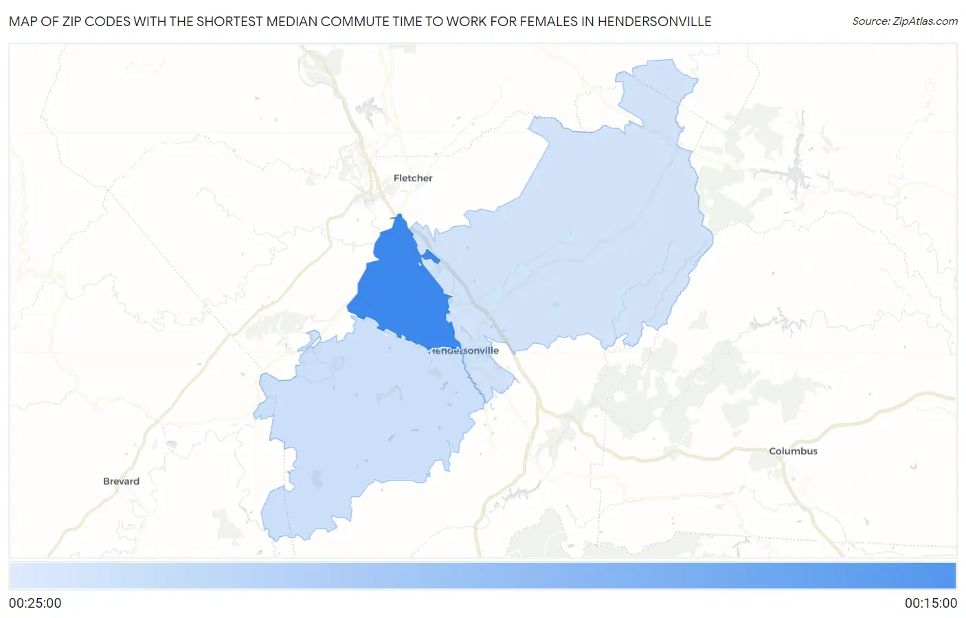 Zip Codes with the Shortest Median Commute Time to Work for Females in Hendersonville Map