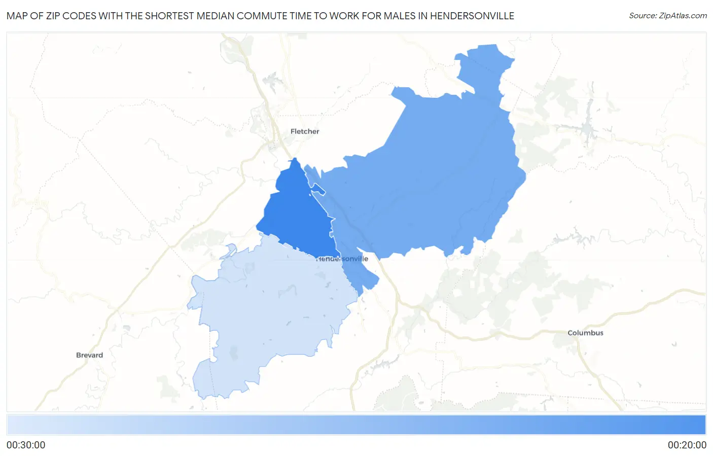 Zip Codes with the Shortest Median Commute Time to Work for Males in Hendersonville Map