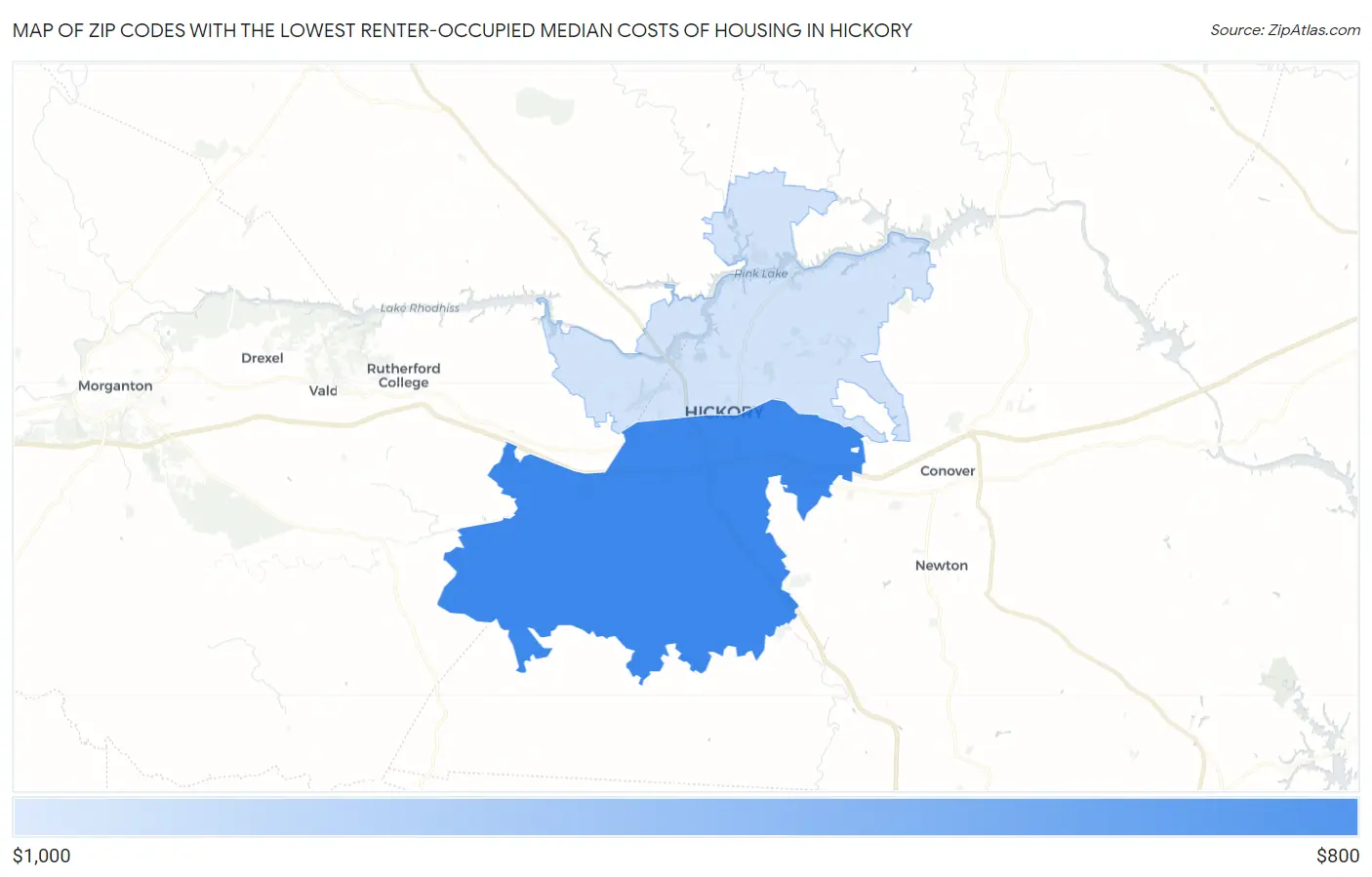 Zip Codes with the Lowest Renter-Occupied Median Costs of Housing in Hickory Map