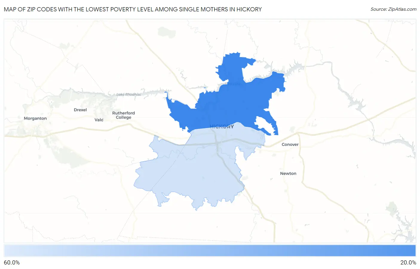 Zip Codes with the Lowest Poverty Level Among Single Mothers in Hickory Map