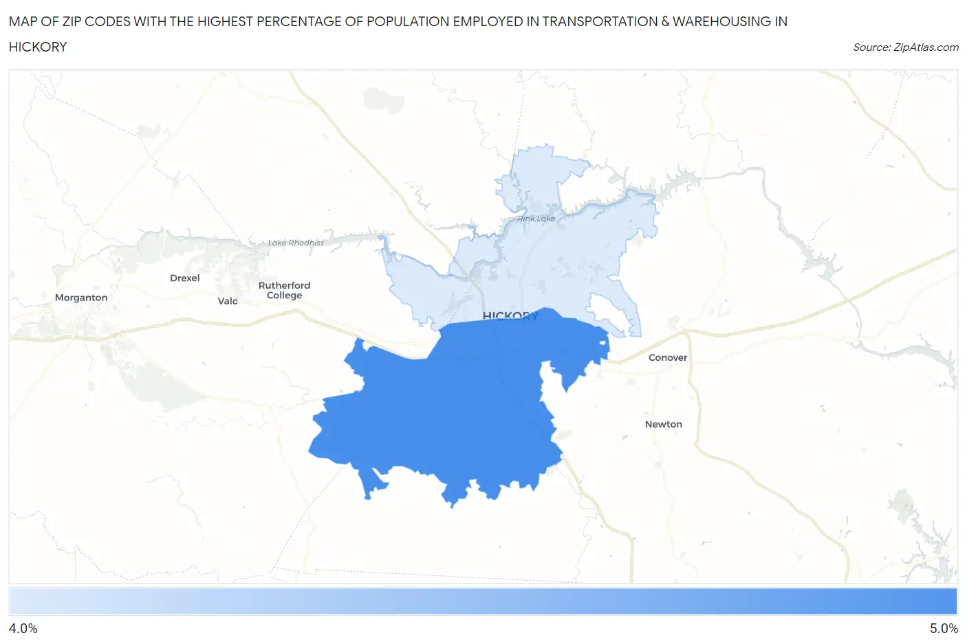 Zip Codes with the Highest Percentage of Population Employed in Transportation & Warehousing in Hickory Map