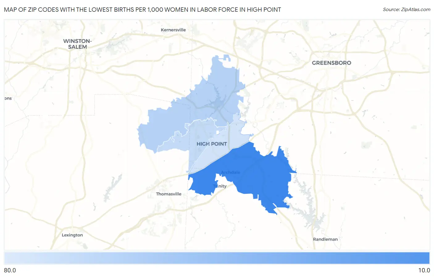 Zip Codes with the Lowest Births per 1,000 Women in Labor Force in High Point Map
